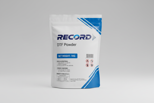 1kg DTF powder pack with record logo and technical data on it