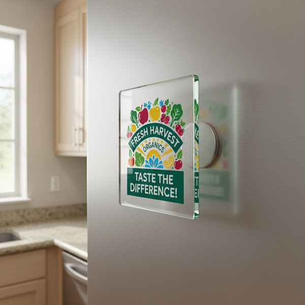 square glass with magnet in the back put on the fridge with advertising print